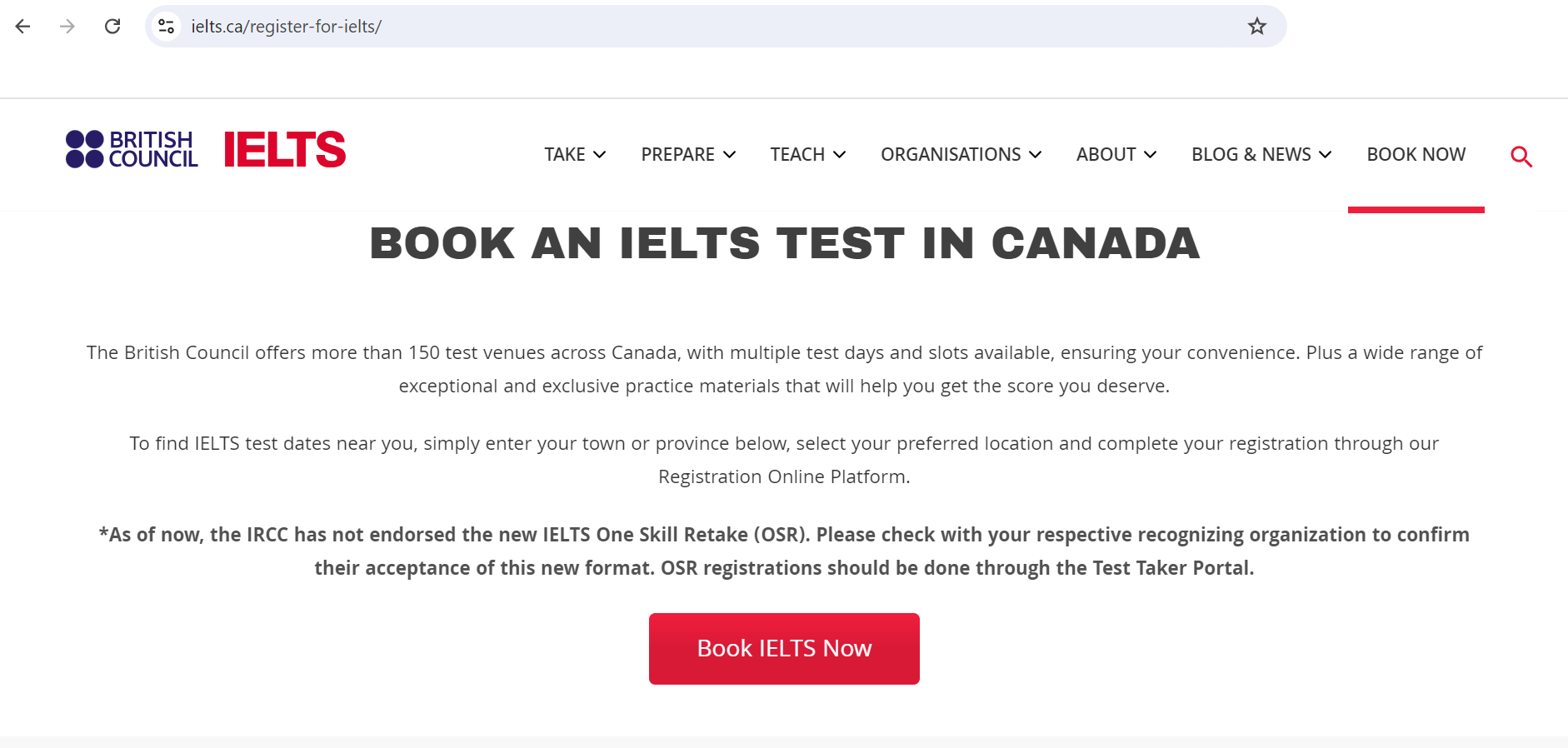 Information on IELTS Exam Booking in Canada including OSR - One Skill Retake