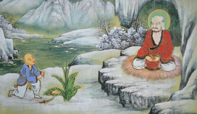 The Short Story of the Bodhidharma & The Fourth Disciple reminds us that the books aren't everything to find the God. The Fourth Student is on his knees and staying silent on the questions asked by Bodhidharma.
