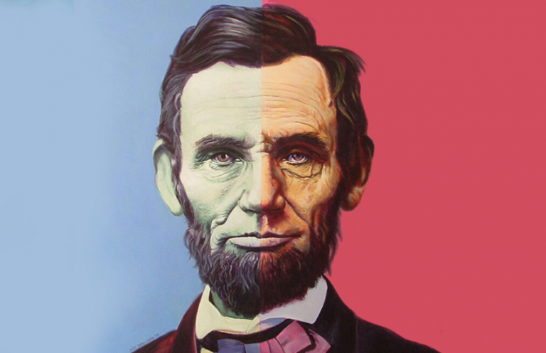 The wall depicting the US flag colors having Abraham Lincoln picture, The 16th President of the USA.