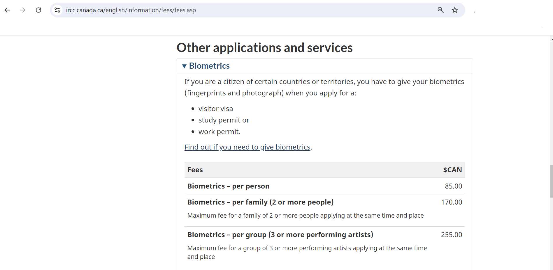 Screenshot from Official Website of Canadian Immigration about Canada Study Visa Biometric Fees