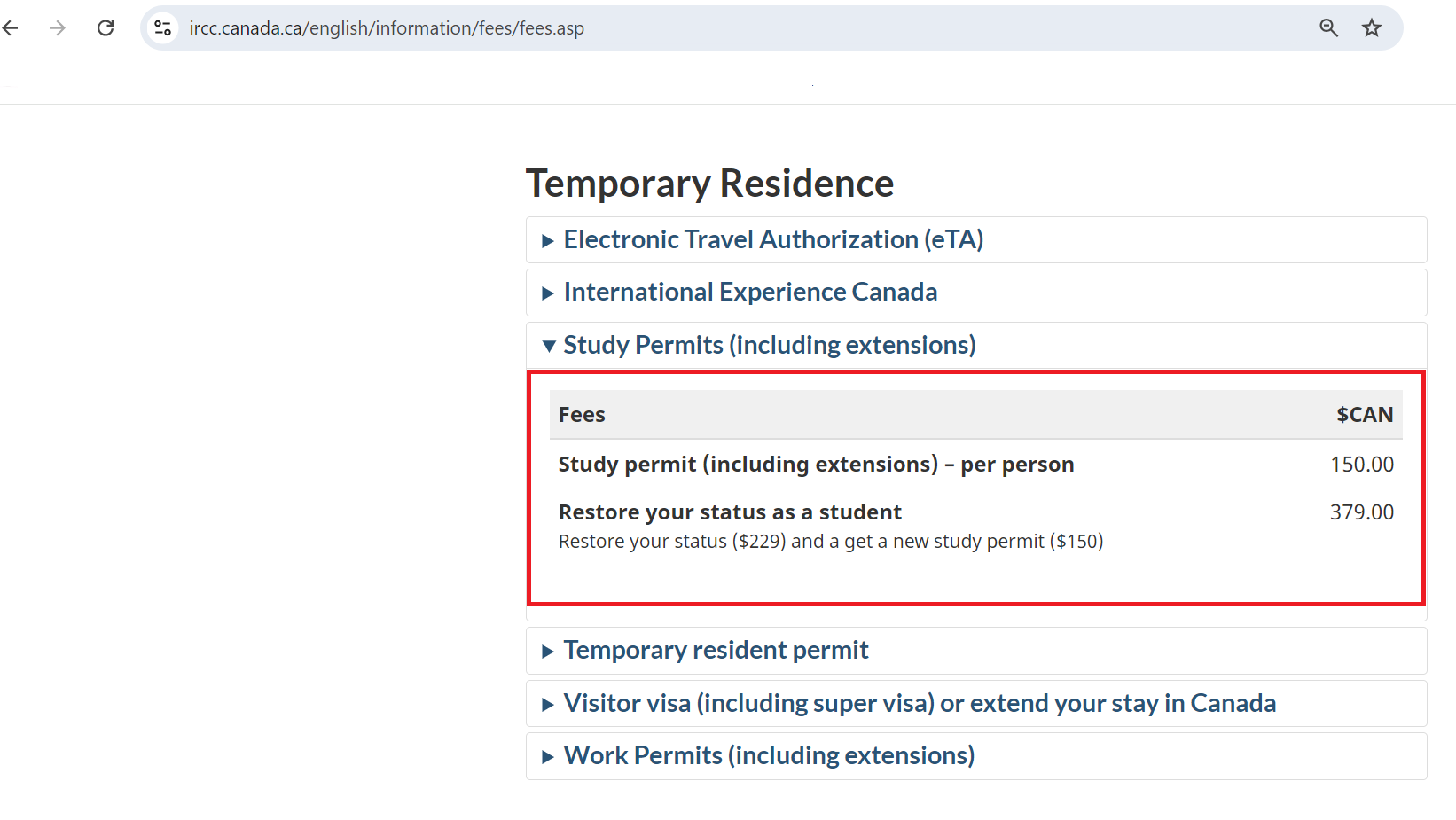 Canada Study Visa Fees per Application. It's an official screenshot from Canada IRCC website