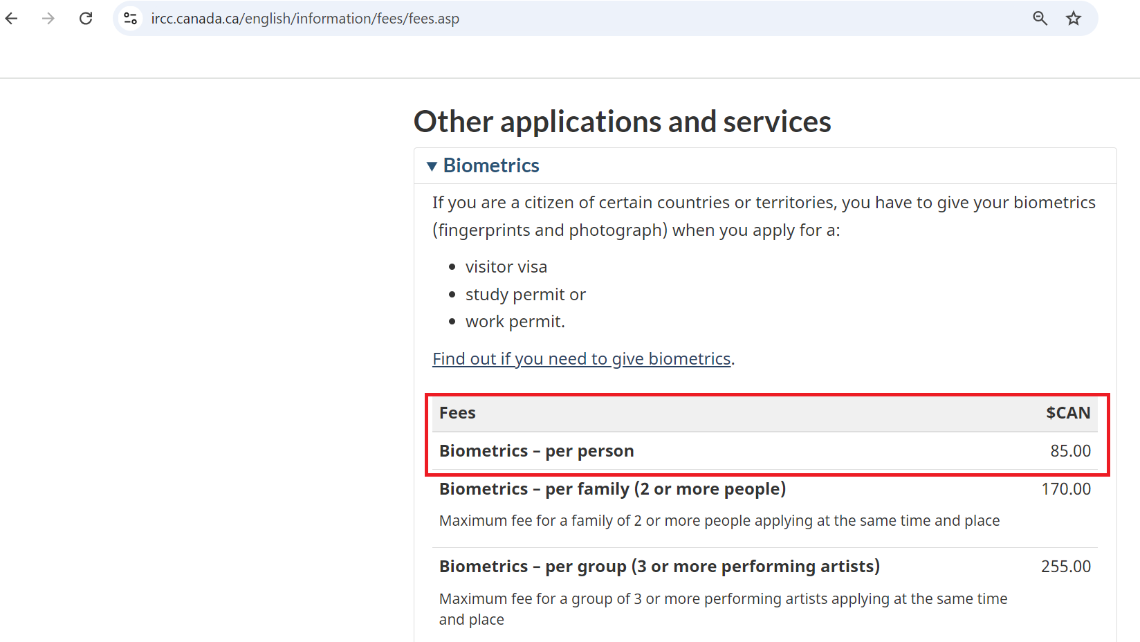 Canada Study Visa Fees - Biometrics which is valid for 10 years. It's an official picture from IRCC Canada Website 