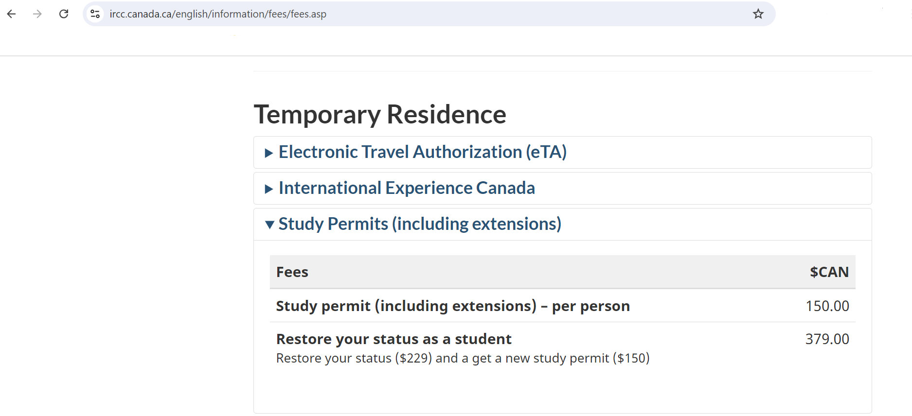 Screenshot from Official Website of Canadian Immigration about Canada Study Visa Fees