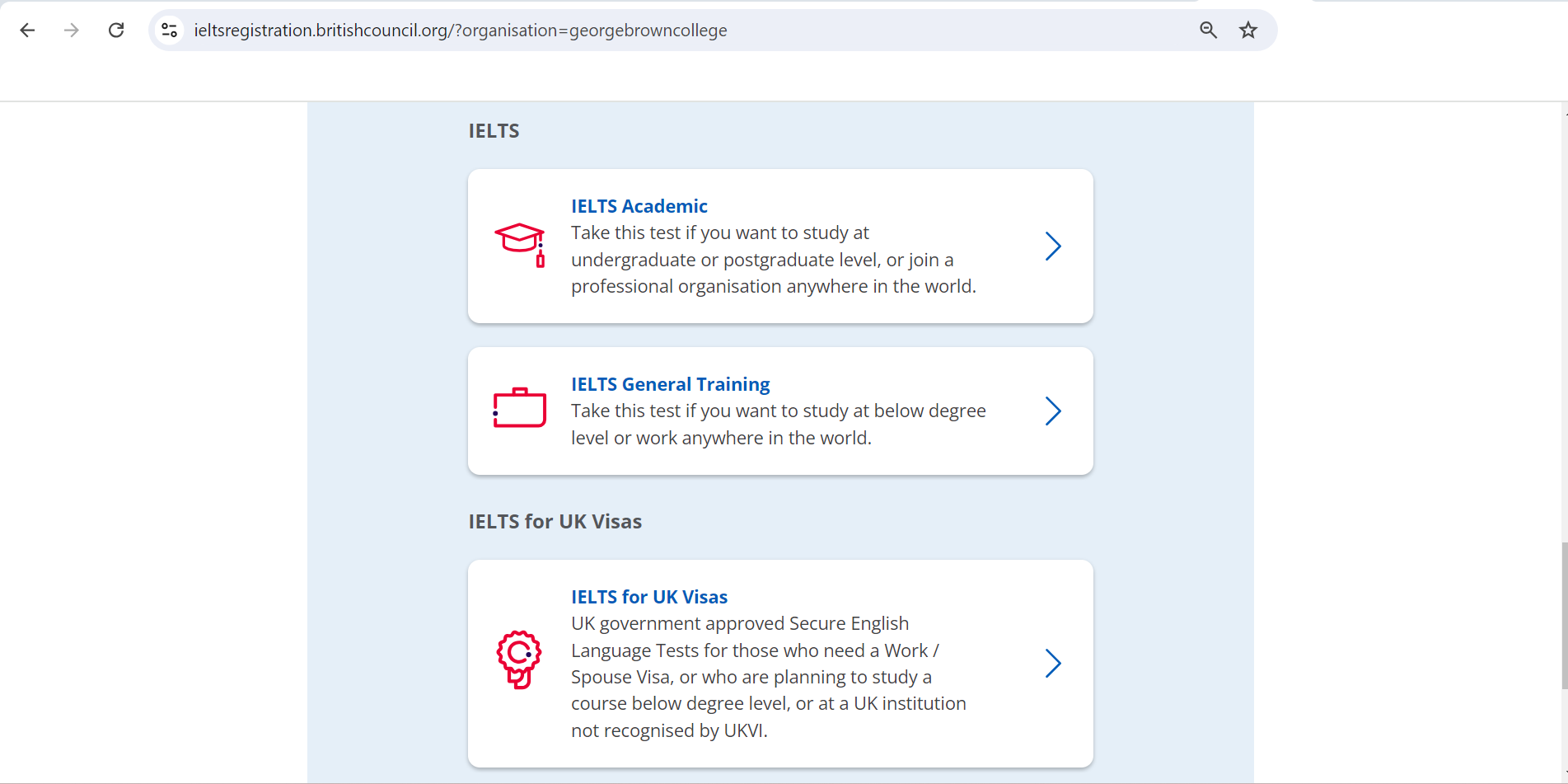 Screenshot of three Exam Options to Choose on British Council Canada Website,