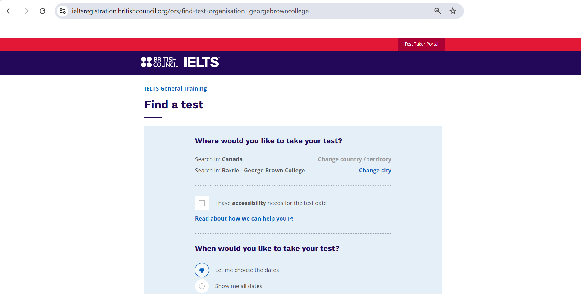 Choosing the date for the exam and also confirming if you have accessiblity needs or not. 