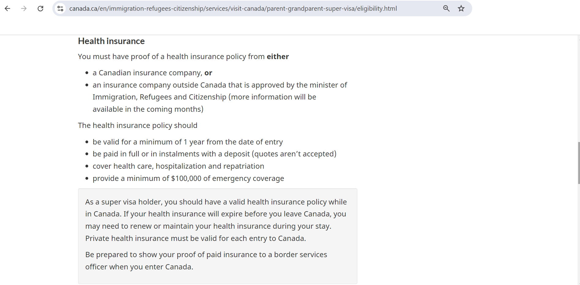 Detailed information about Health Insurance for Super Visa Canada from IRCC Website