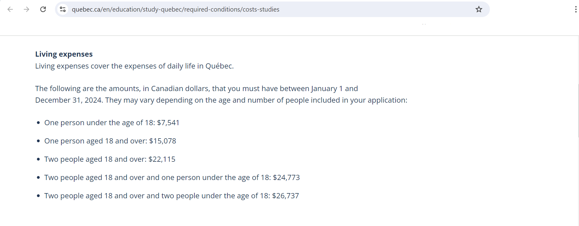 Screenshot from Official Website of Quebec Government Immigration about GIC Fees for Study Visa for Quebec