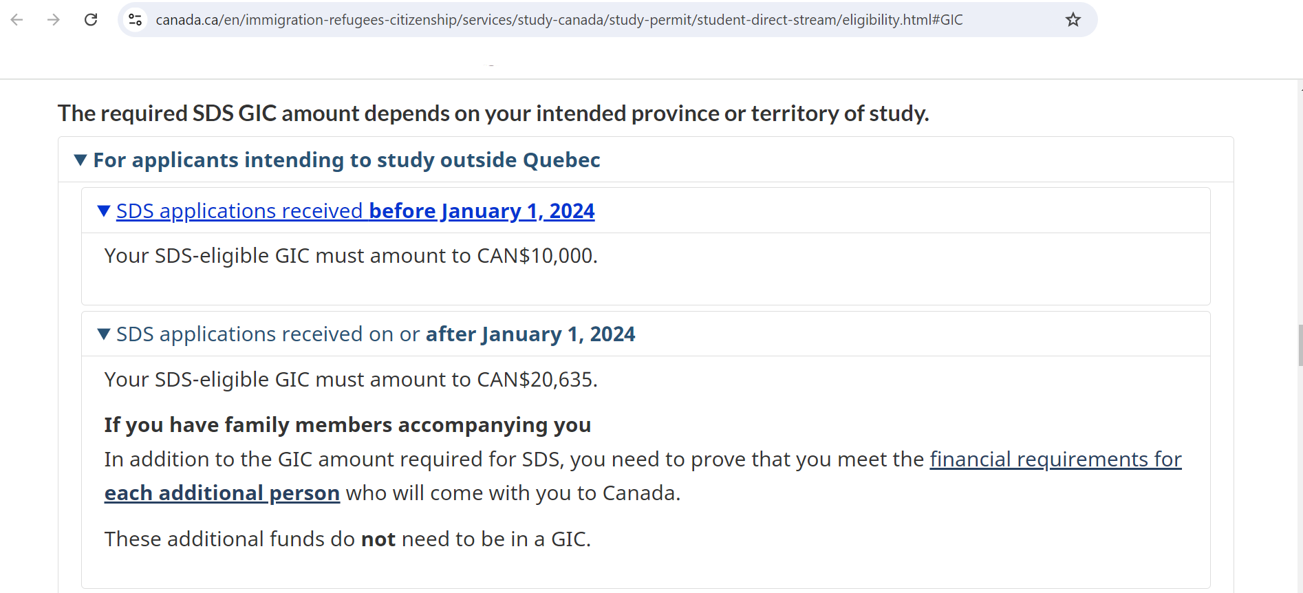 Screenshot from Official Website of Canadian Immigration about GIC Fees for Study Visa exclusing Quebec Province