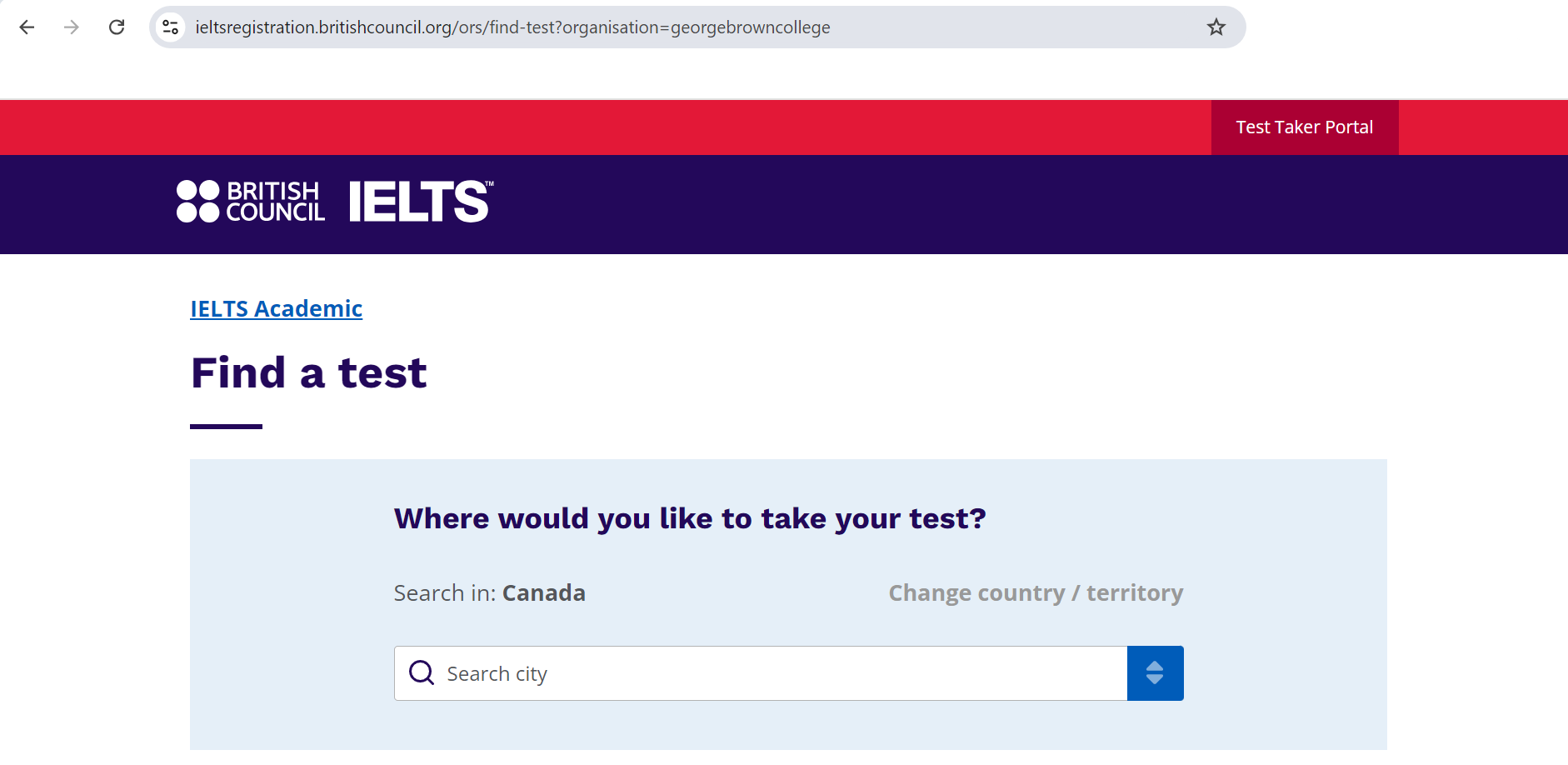 Test Take Portal of Britishc Council IELTS Canada Website