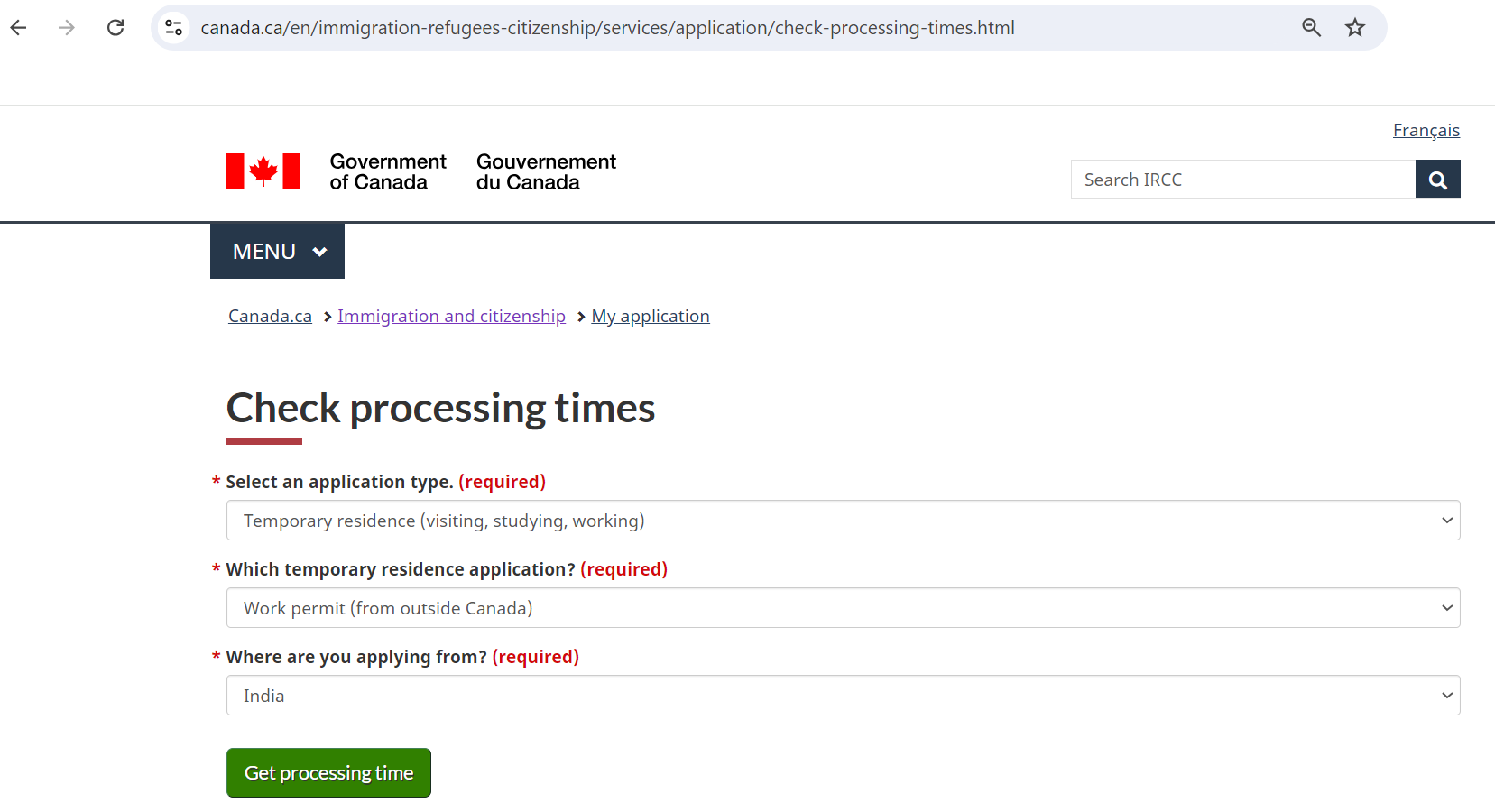 Screenshot from IRCC website about the processing time for Spouse Open Work Permit Canada 