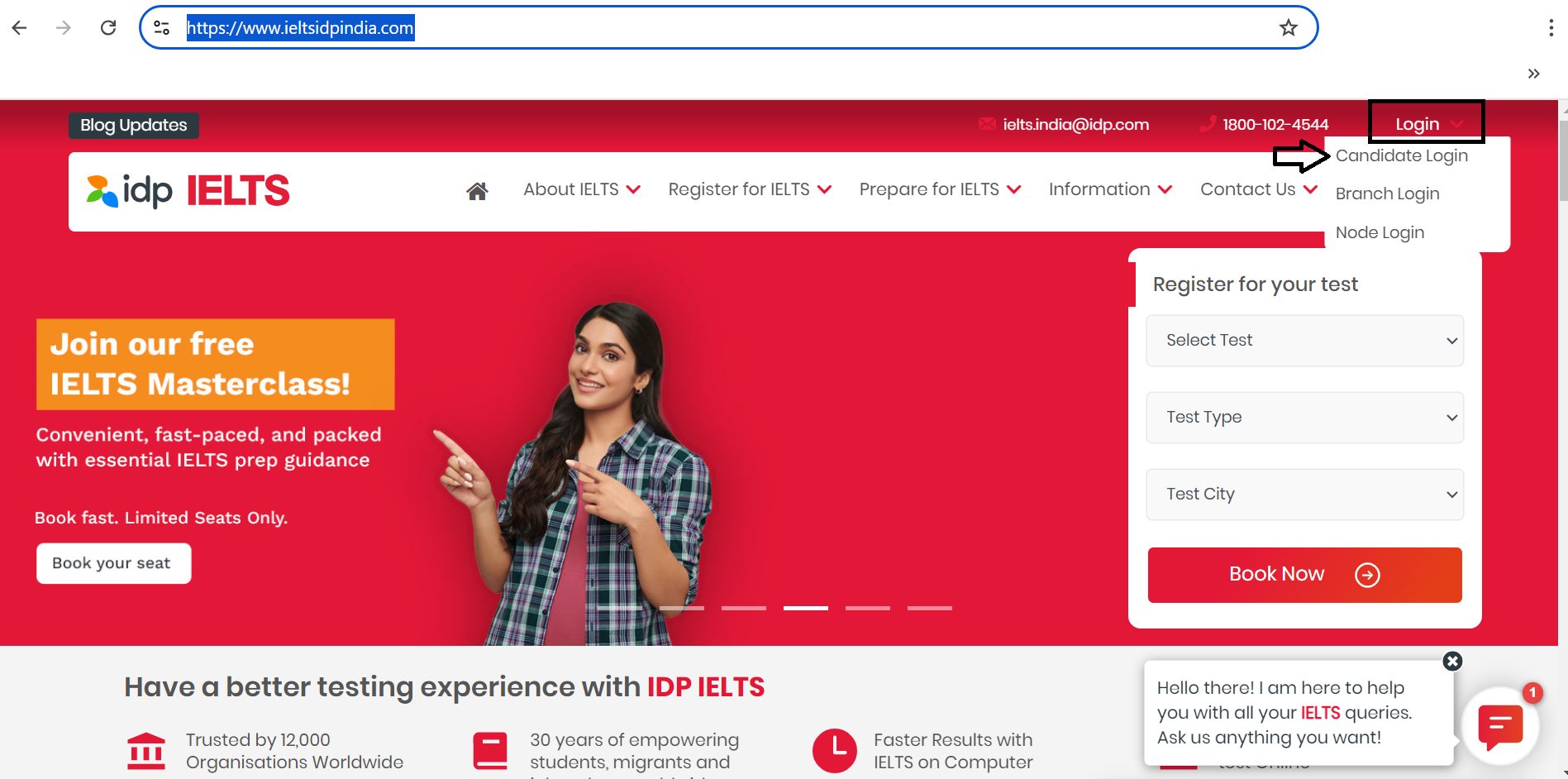 IDP IELTS India Website' Home Page. On the login section, you will find Candidate Login option to download IELTS TRF