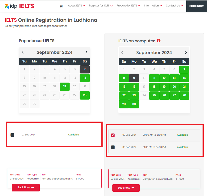 The website shows two options. Pen and Paper or Computer Delivered IELTS Exam