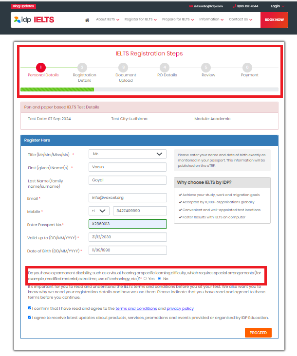 IELTS Exam Registration Has 6 steps in total. The first steps asks for the candidate details from passport and contact details 