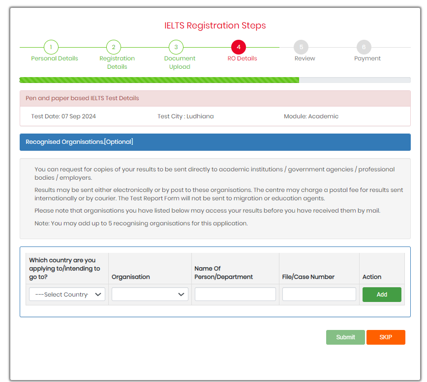The 4th step in Booking the IELTS Exam is giving RO details. Leave it if you don't have your file with the embassy. Simply skip the step