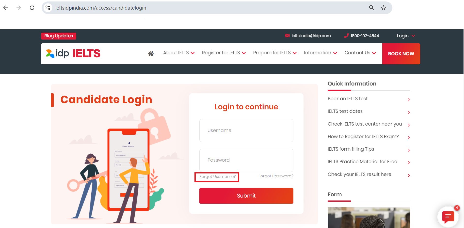 Candidate Login page on IDP IELTS India website. Click on the forgot username to create the username.