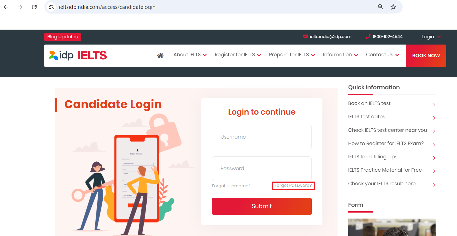 Candidate Login page IELTS IDP Website of India. Click on Forgot Password to create it 