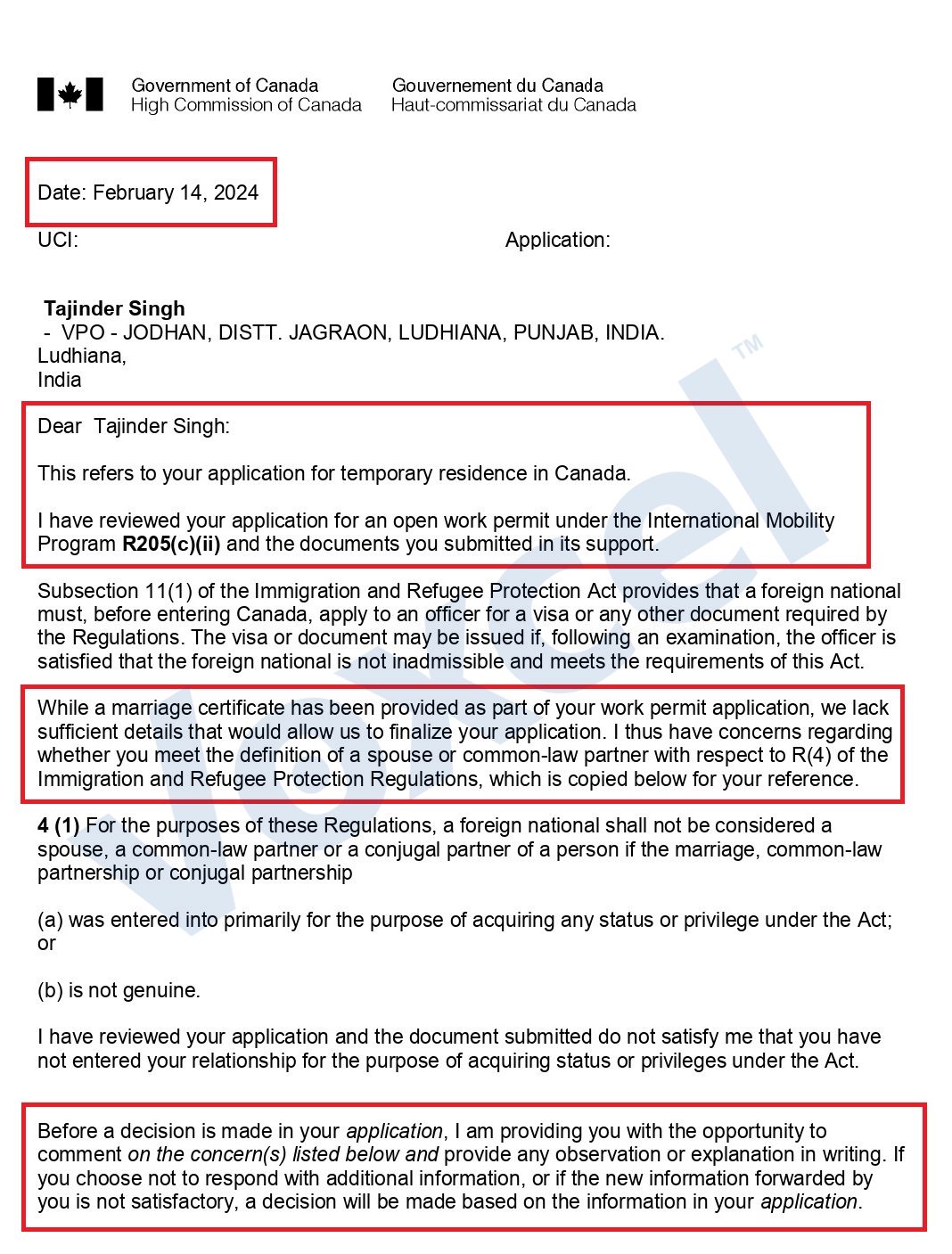 Open Work Permit Canada Procedural Fairness Letter Page 1 issued to Tajinder Singh, a client of Voxcel Group who successful got visa afterwards