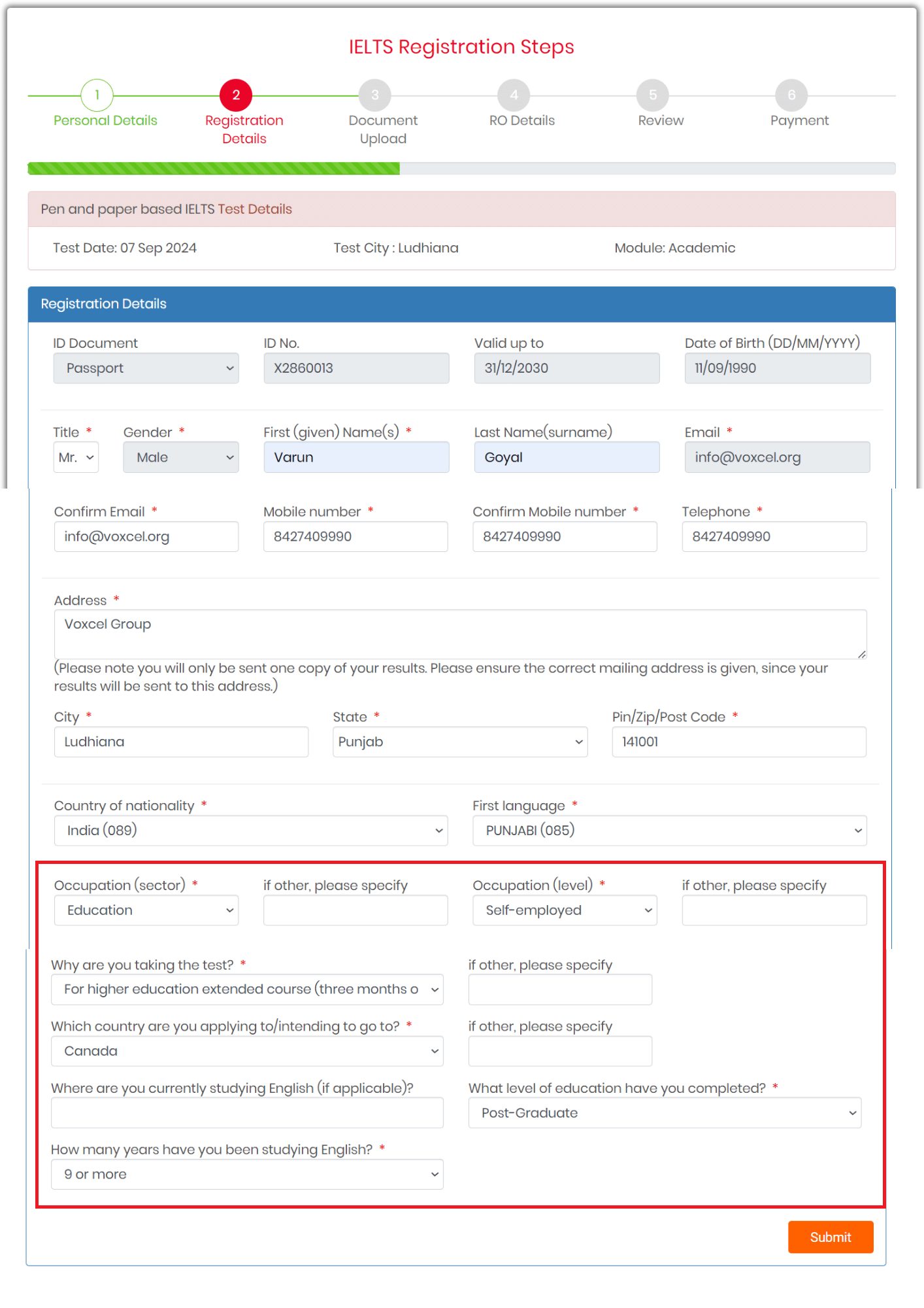 Second step of IELTS Registration is to fill the registration details. It asks more details about the current employment or education details and the country to target and why are you going to foreign country