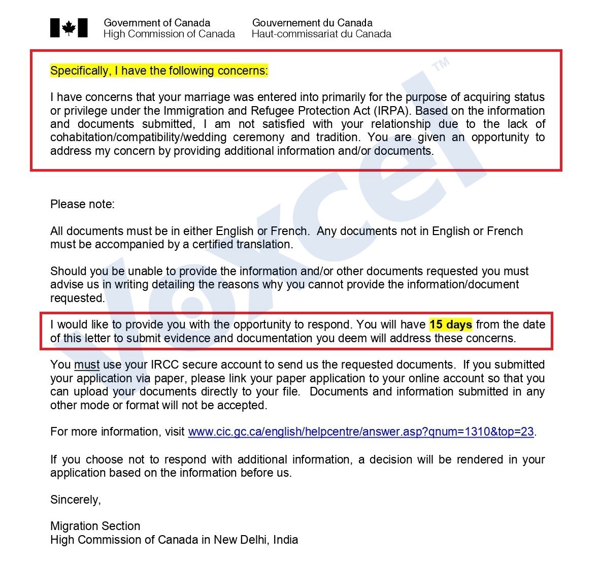 Canada Spouse Open Work Permit Procedural Fairness Letter Page 2 issued casking for the proofs of marriage in 15 days to satisfy the visa officer before the final decision