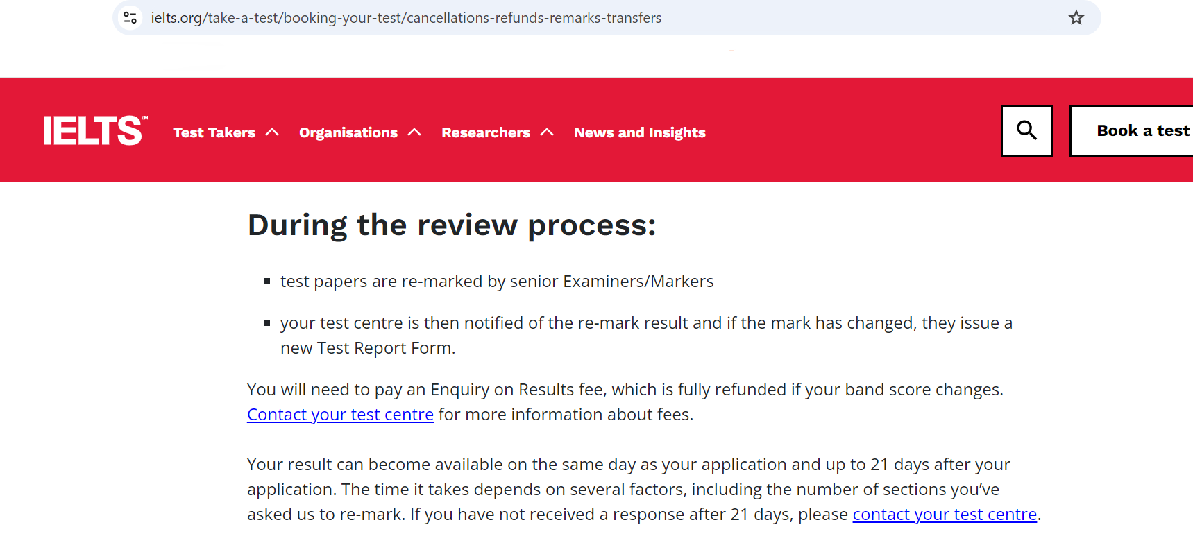 IELTS Website telling the process of EOR IELTS fees refund and other main inforamtion