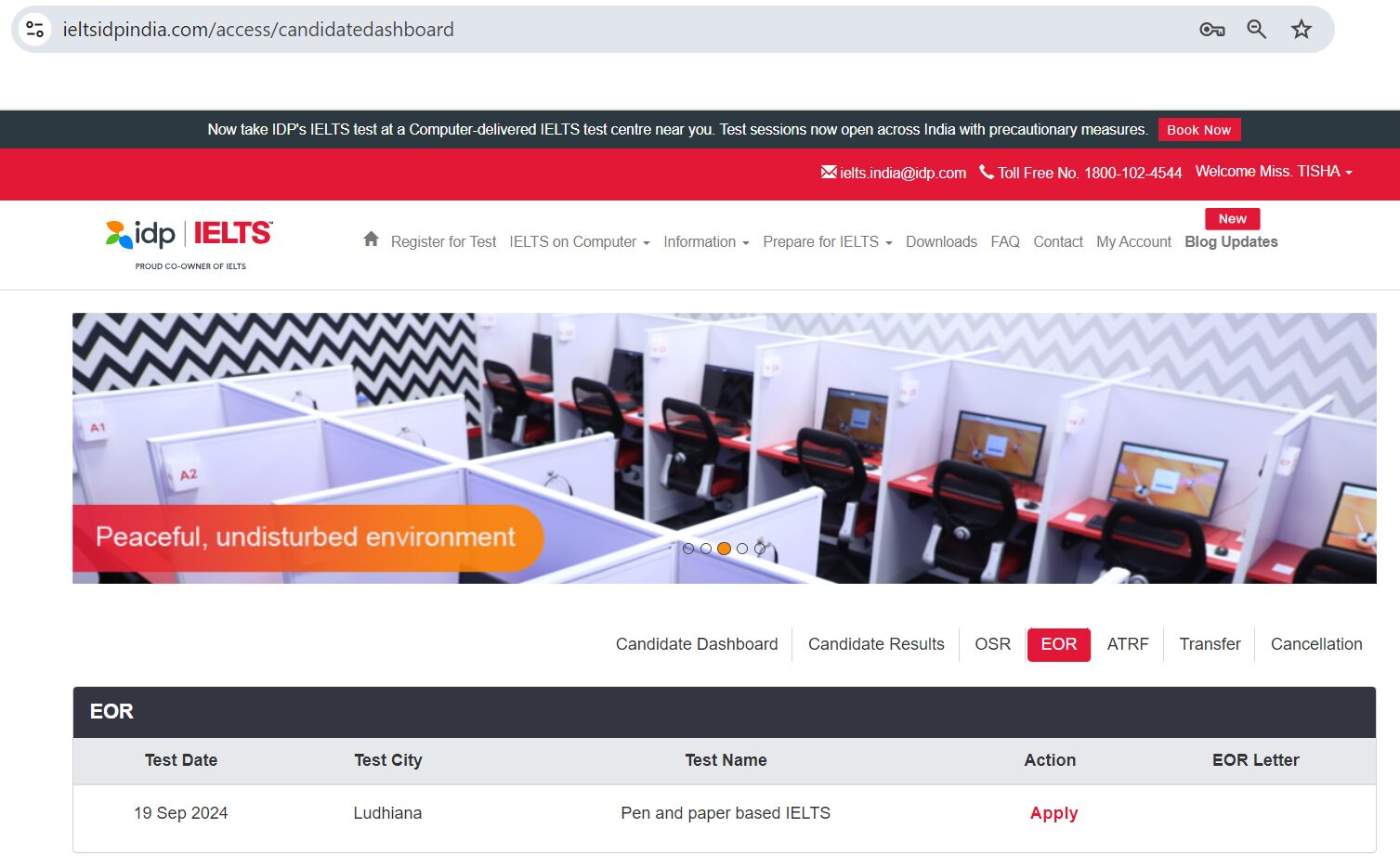 Candidate Login Dashboard of the student's portal, where EOR option is easy to locate