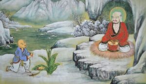 The Short Story of the Bodhidharma & The Fourth Disciple reminds us that the books aren't everything to find the God. The Fourth Student is on his knees and staying silent on the questions asked by Bodhidharma.