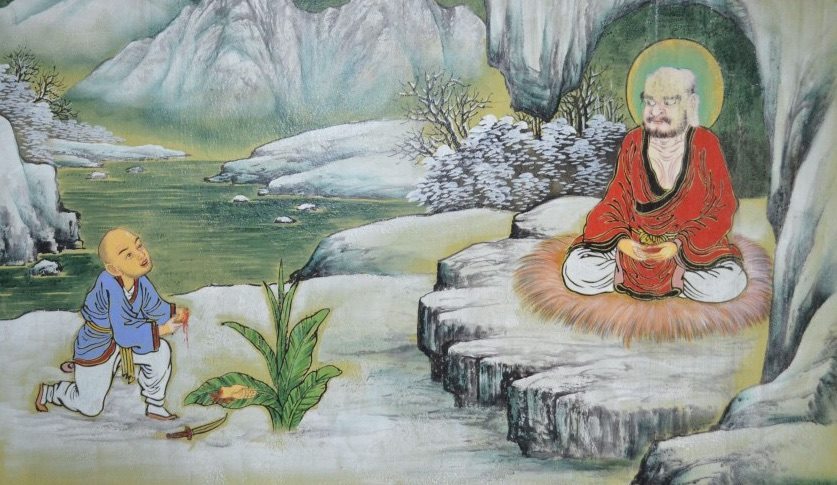 The Short Story of the Bodhidharma & The Fourth Disciple reminds us that the books aren't everything to find the God. The Fourth Student is on his knees and staying silent on the questions asked by Bodhidharma.