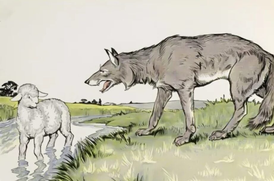 The Short Story of The Wolf and The Lamb from Aesop's Fables relfect the nature of tyrants. In the picture the lamikin is talking ot the wolf who is aiming to eat him