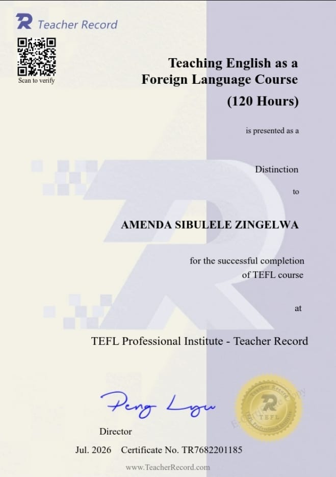 Teacher Amenda 120 Hours TEFL Certificate Distinction